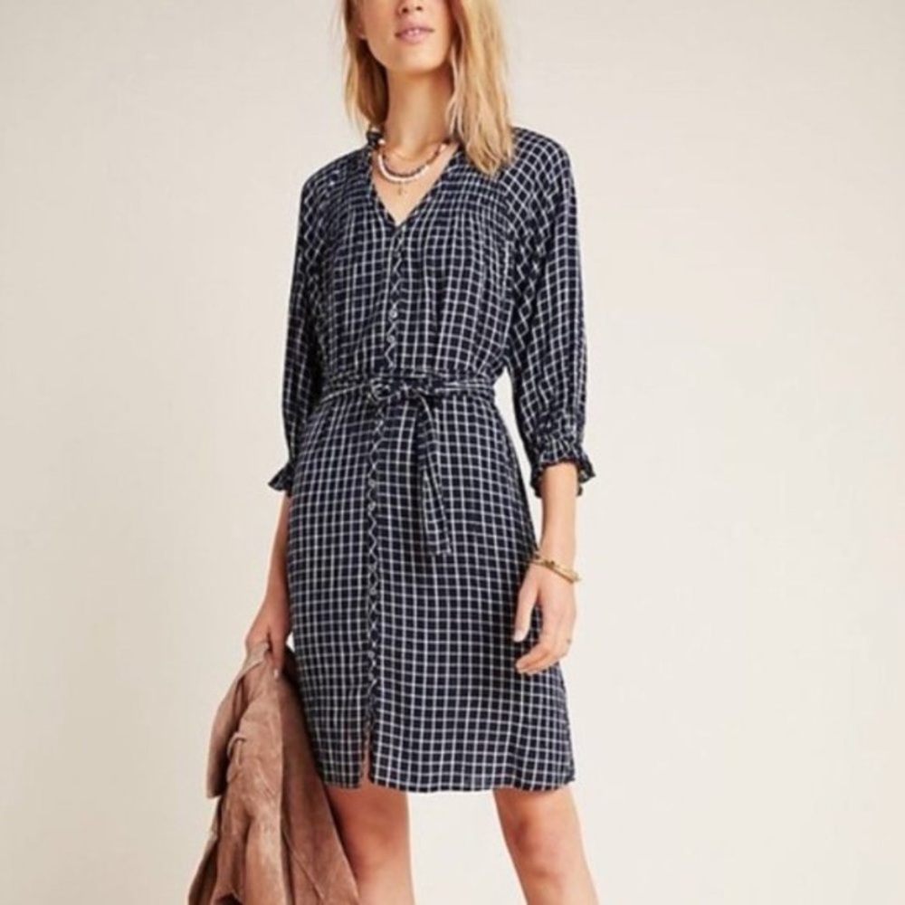 Anthropologie Maeve navy windowpane dress small
